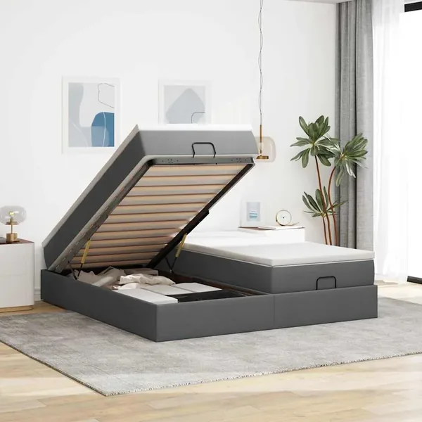 Cadre de lit ottoman avec matelas gris foncé 180x200cm tissu