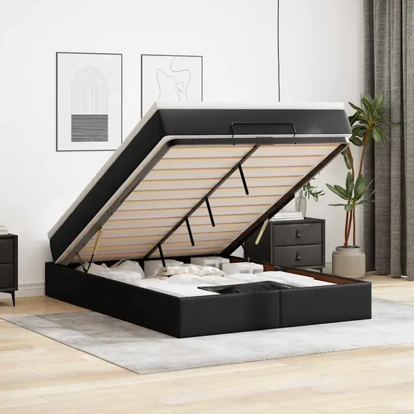 Cadre de lit ottoman avec matelas noir 140x190 cm similicuir