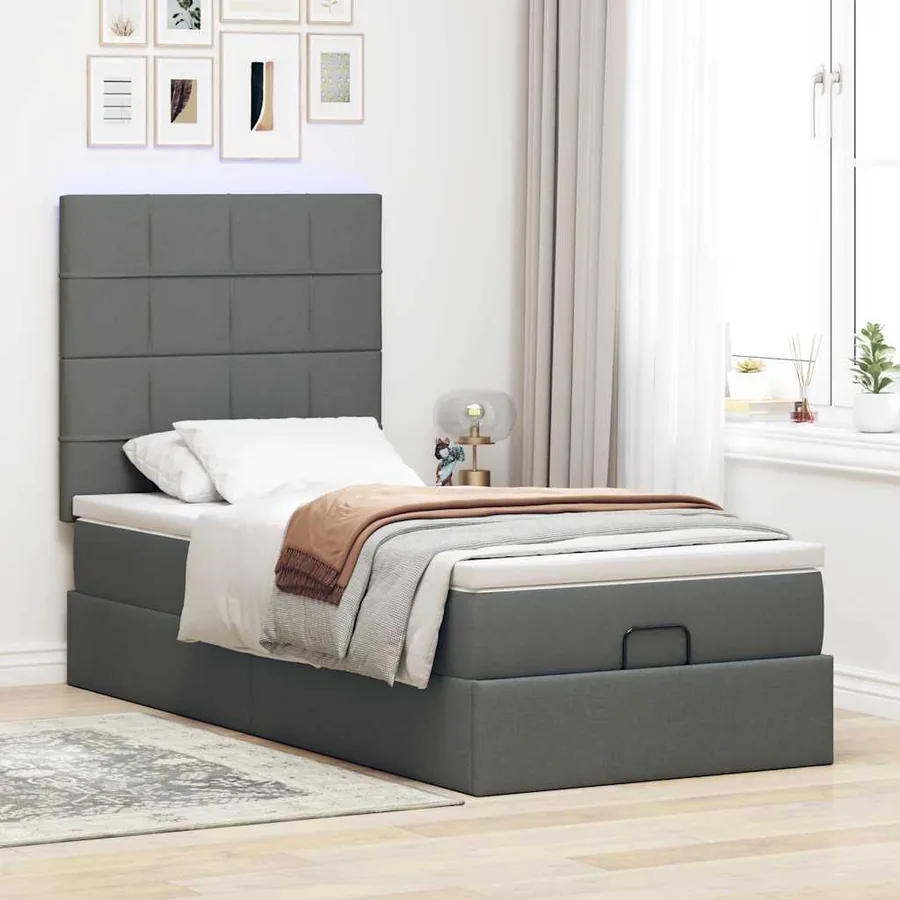 Lit ottoman avec matelas et LED gris foncé 90x200 cm tissu - 4