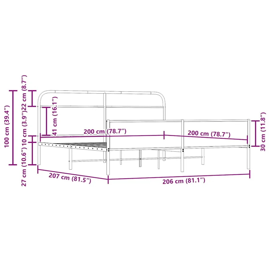 Cadre de lit en métal sans matelas chêne fumé 200x200 cm - 9