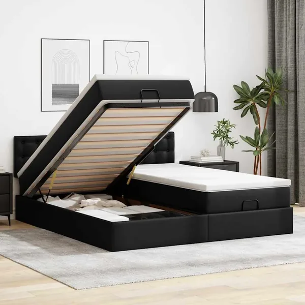 Lit ottoman avec matelas & LED Noir 160x200cm similicuir