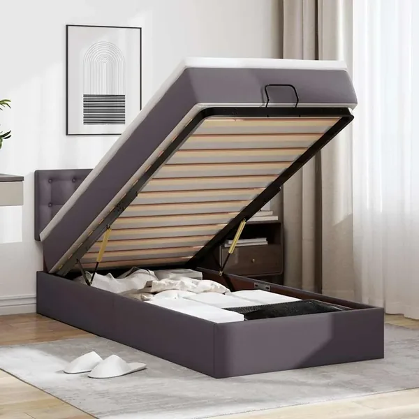 Cadre de lit ottoman avec matelas gris 90x190 cm similicuir