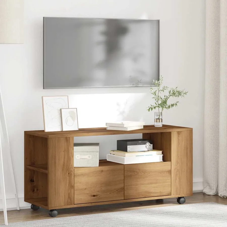 Meuble TV avec roulettes chêne artisanal bois d'ingénierie - 3