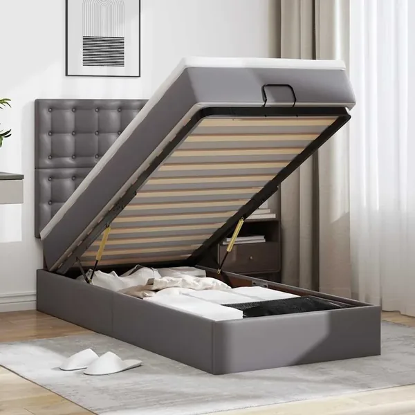 Cadre de lit ottoman avec matelas gris 90x200 cm similicuir