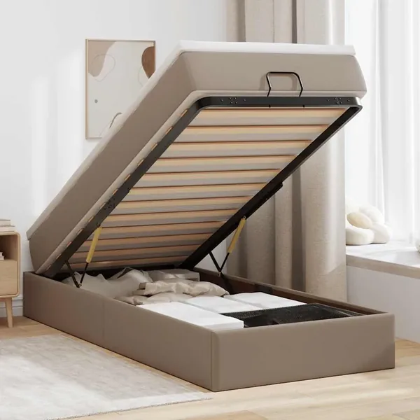 Cadre de lit ottoman et matelas cappuccino 90x200 cm similicuir