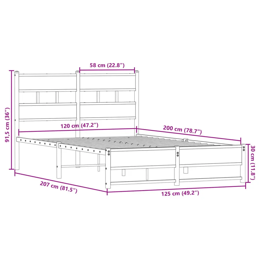 Cadre de lit en métal sans matelas chêne fumé 120x200 cm - 9
