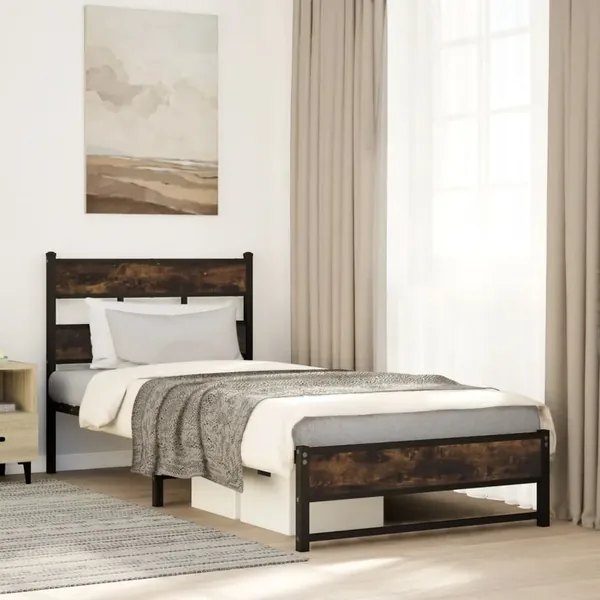 Cadre de lit en métal sans matelas chêne fumé 107x203 cm