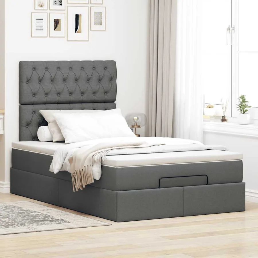 Cadre de lit ottoman avec matelas gris foncé 120x200cm tissu - 4