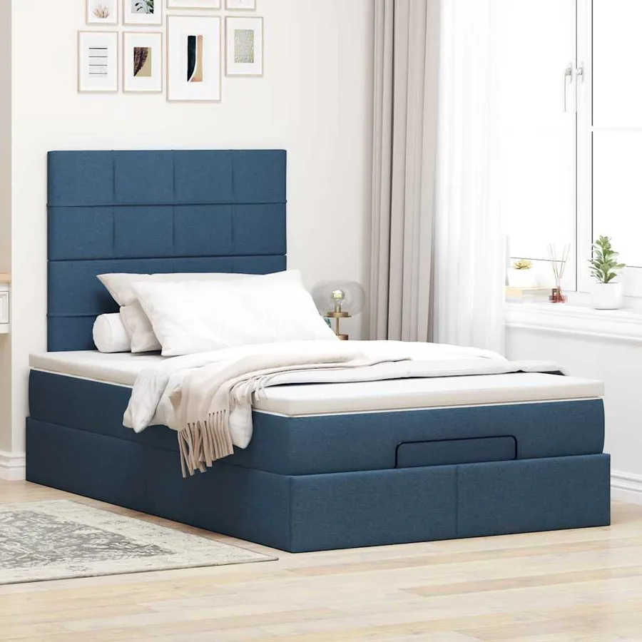 Cadre de lit ottoman avec matelas bleu 120x200 cm tissu - 4
