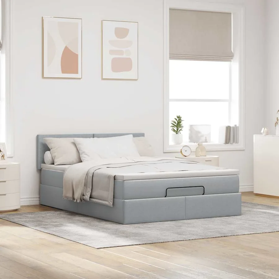 Lit ottoman avec matelas et LED gris clair 140x190 cm tissu - 4