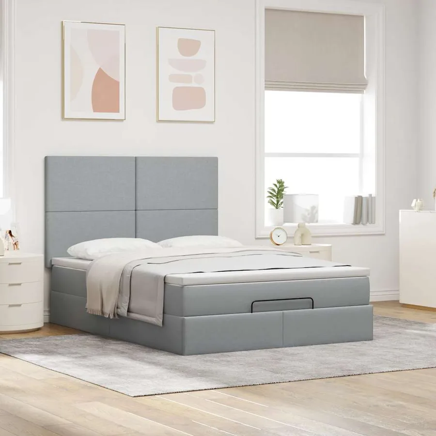 Cadre de lit ottoman et matelas gris clair 140x190 cm tissu - 3