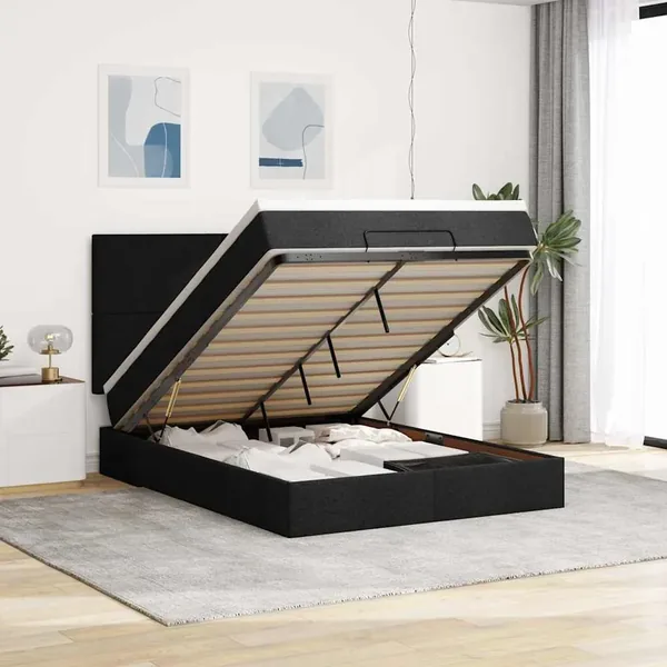 Cadre de lit ottoman avec matelas noir 140x190 cm tissu