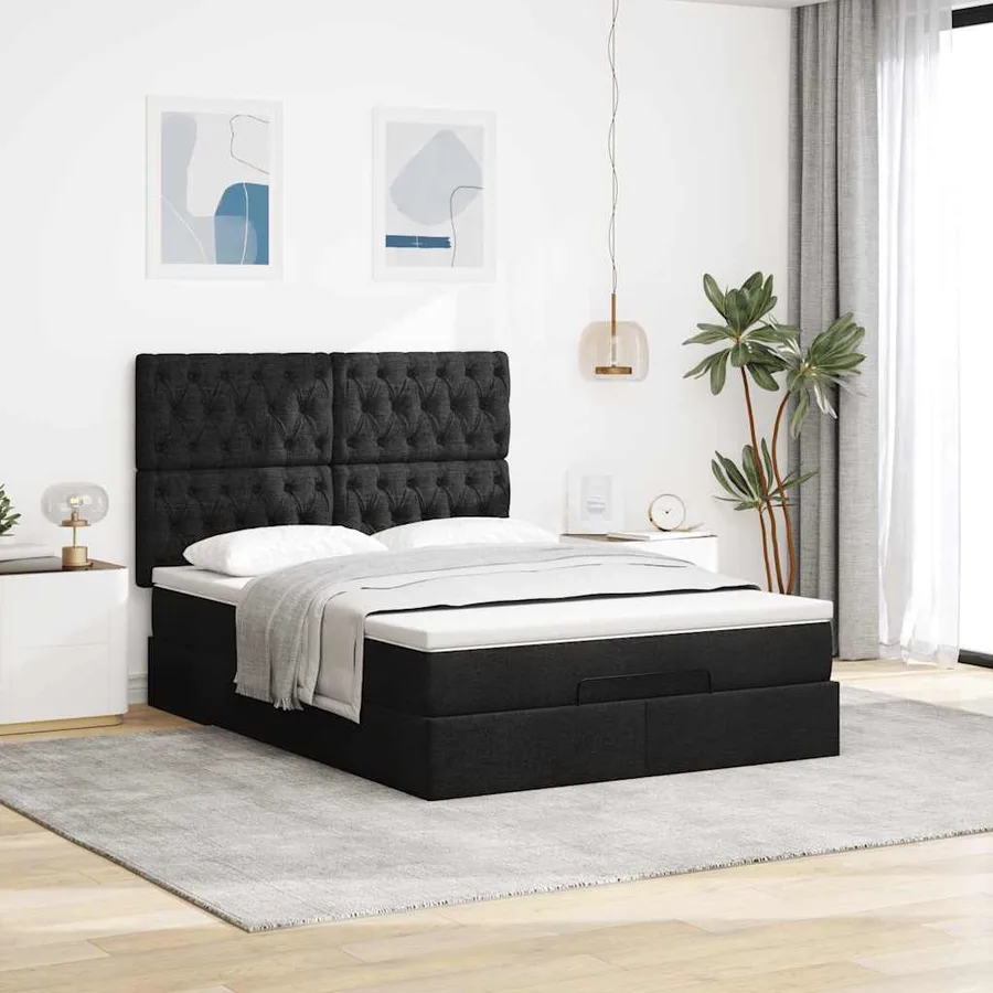 Cadre de lit ottoman avec matelas noir 140x190 cm tissu - 3