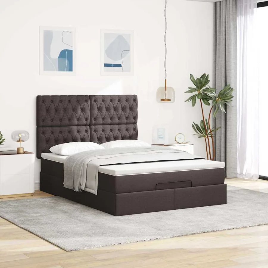 Cadre de lit ottoman avec matelas marron foncé 140x190 cm tissu - 4
