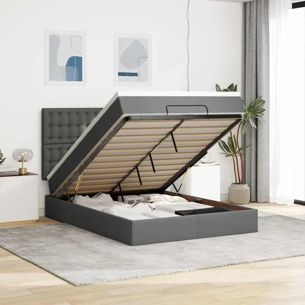 Cadre de lit ottoman avec matelas gris foncé 140x190 cm tissu