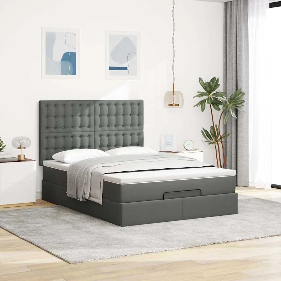 Cadre de lit ottoman avec matelas gris foncé 140x190 cm tissu - 3