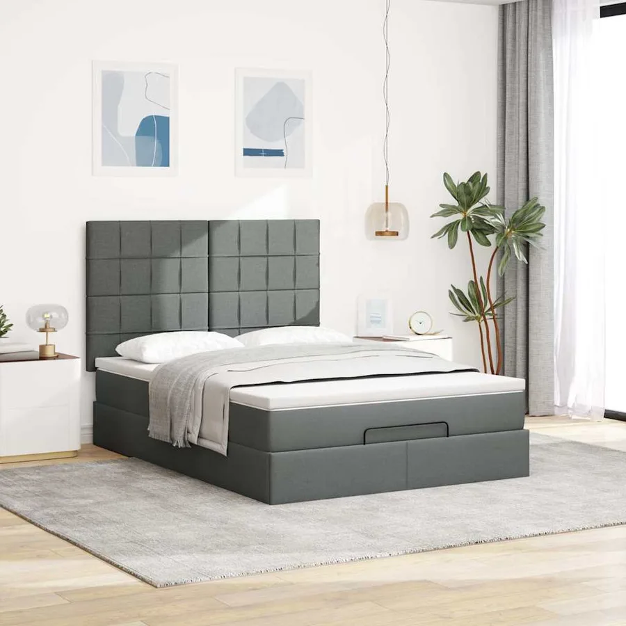 Cadre de lit ottoman avec matelas gris foncé 140x190 cm tissu - 3