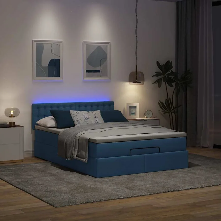 Lit ottoman avec matelas et LED bleu 140x190 cm tissu - 3