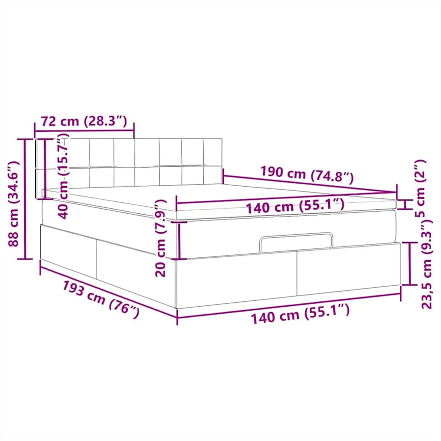 Lit ottoman avec matelas et LED crème 140x190 cm tissu - 18