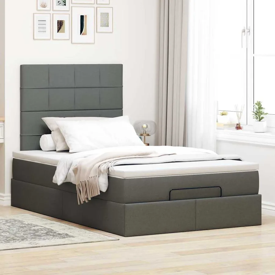 Cadre de lit ottoman avec matelas gris foncé 120x190 cm tissu - 3