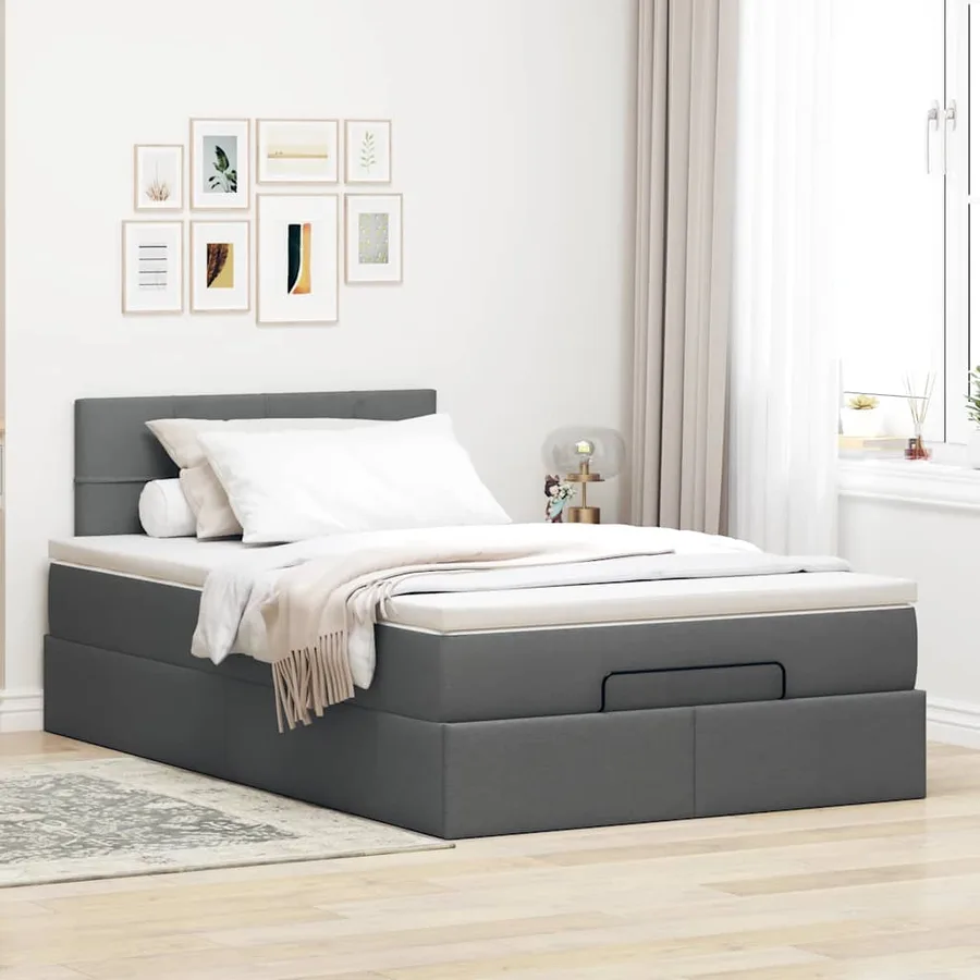 Lit ottoman avec matelas gris foncé 120x190 cm tissu - 3