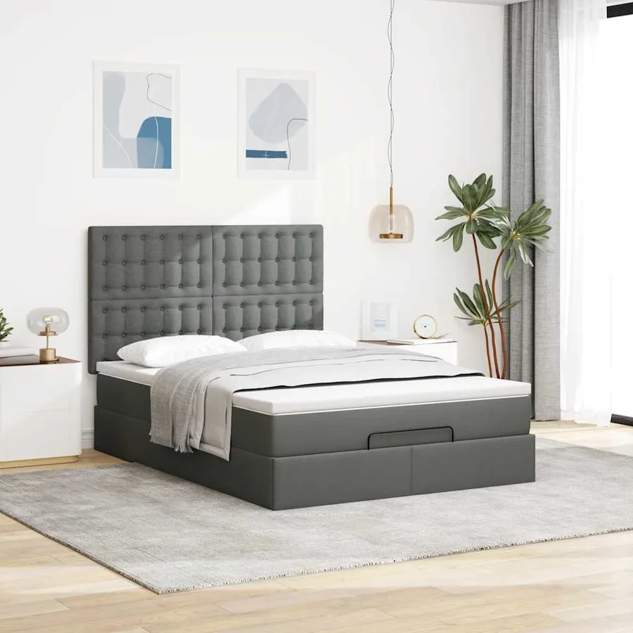 Cadre de lit ottoman avec matelas gris foncé 140x200 cm tissu - 3