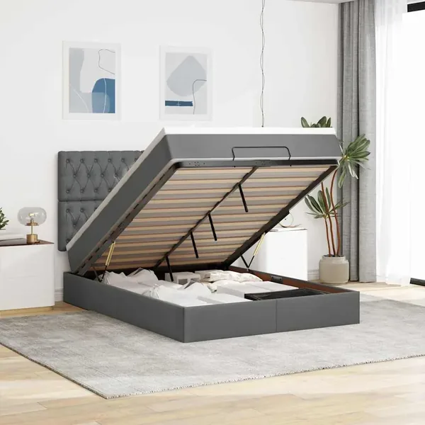 Cadre de lit ottoman avec matelas gris foncé 140x200 cm tissu