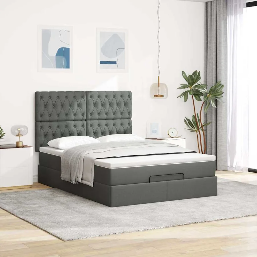 Cadre de lit ottoman avec matelas gris foncé 140x200 cm tissu - 4