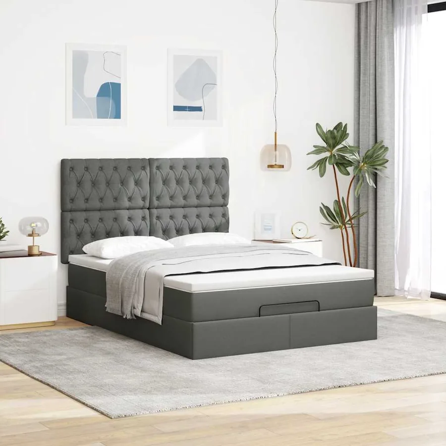 Cadre de lit ottoman avec matelas gris foncé 140x200 cm tissu - 3