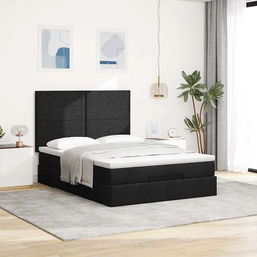 Cadre de lit ottoman avec matelas noir 140x200 cm tissu - 4