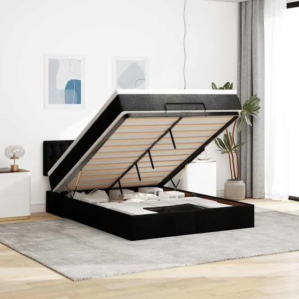 Lit ottoman avec matelas et LED noir 140x200 cm tissu