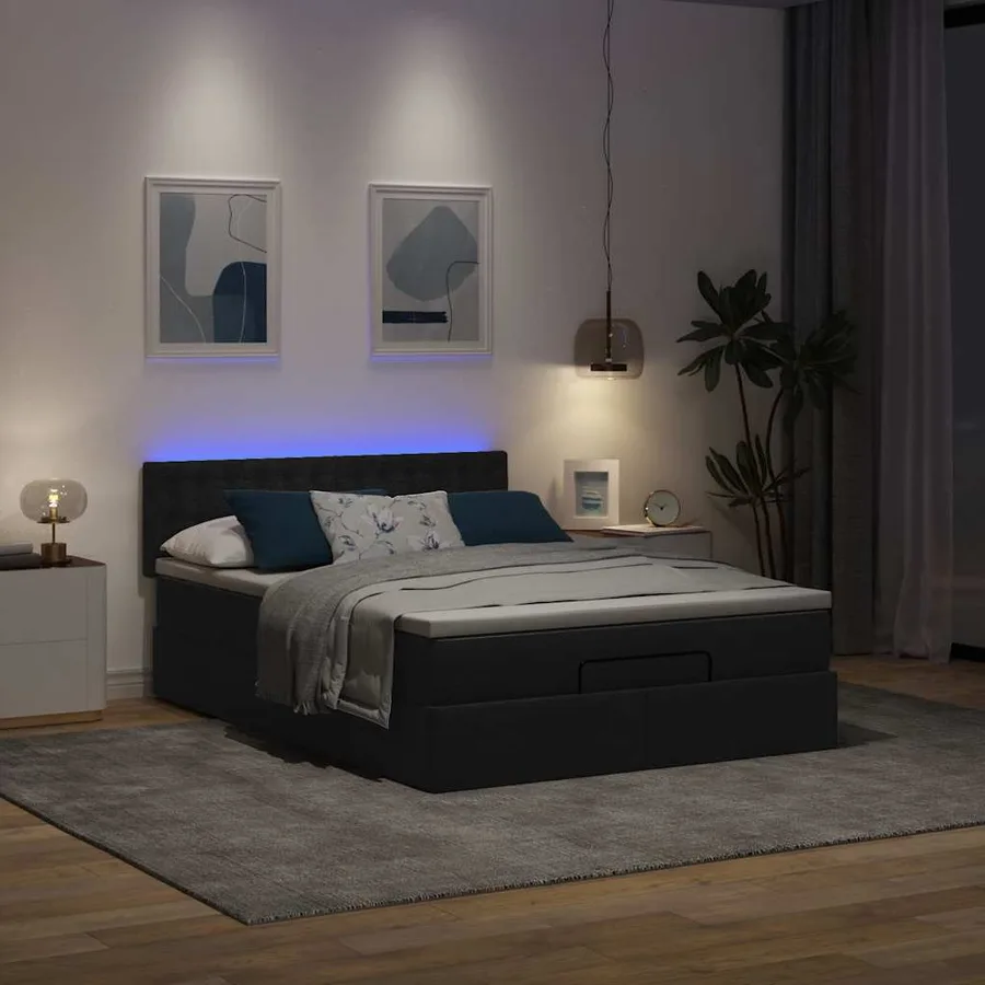 Lit ottoman avec matelas et LED noir 140x200 cm tissu - 3