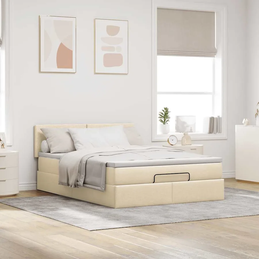 Lit ottoman avec matelas crème 140x200 cm tissu - 3