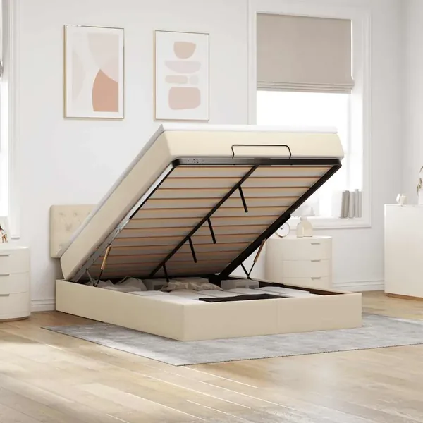 Lit ottoman avec matelas et LED crème 140x200 cm tissu