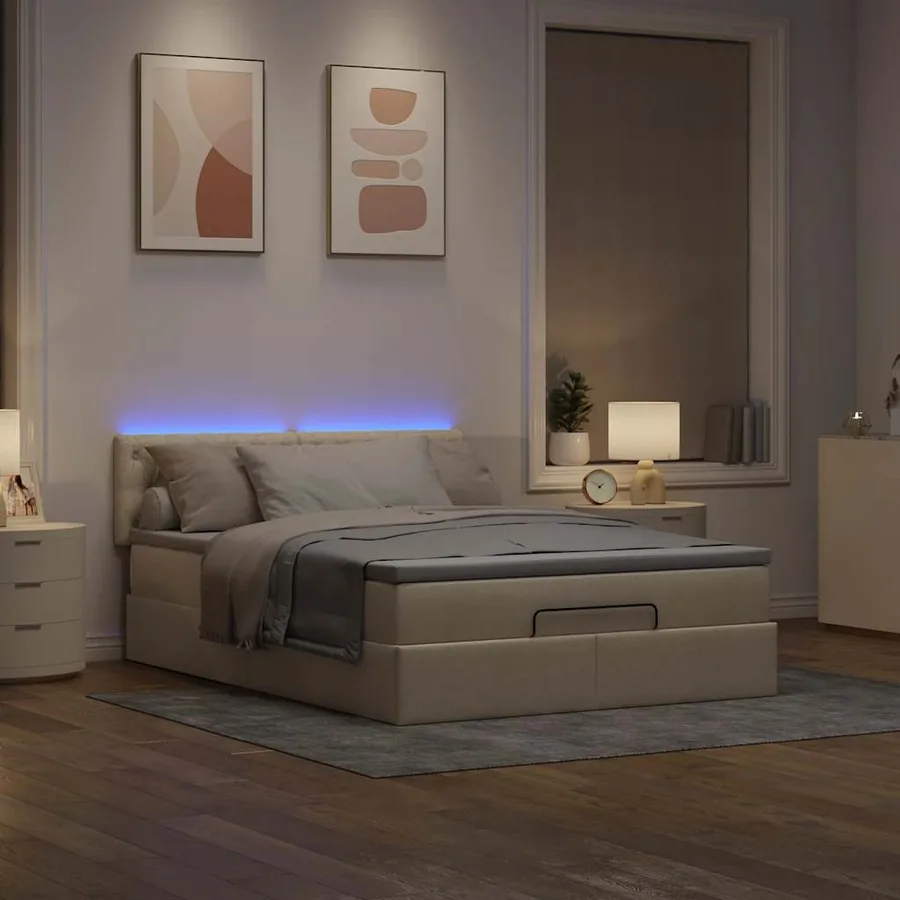 Lit ottoman avec matelas et LED crème 140x200 cm tissu - 3