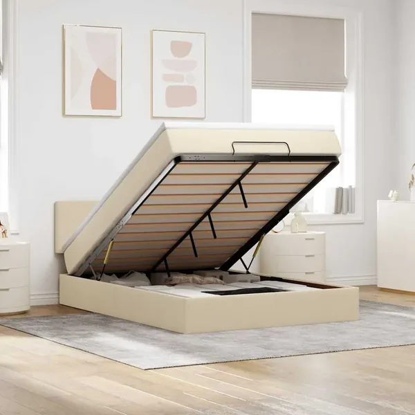 Lit ottoman avec matelas et LED crème 140x200 cm tissu