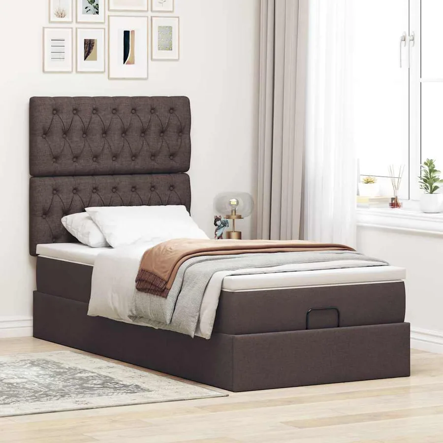 Cadre de lit ottoman avec matelas marron foncé 100x200 cm tissu - 4