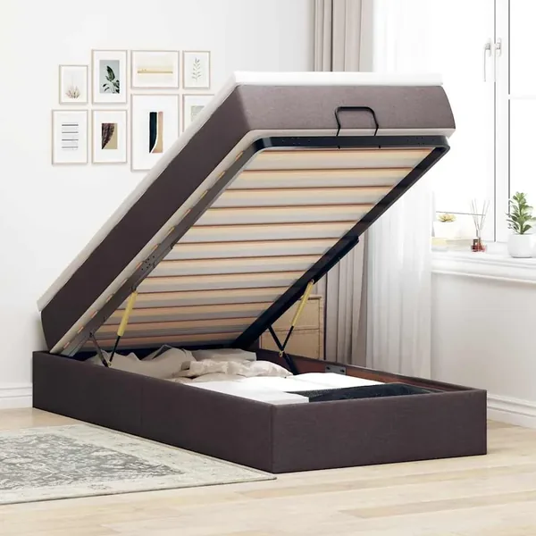 Cadre de lit ottoman avec matelas marron foncé 100x200 cm tissu