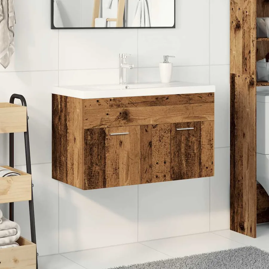 Meuble lavabo avec bassin et robinet intégrés vieux bois - 3