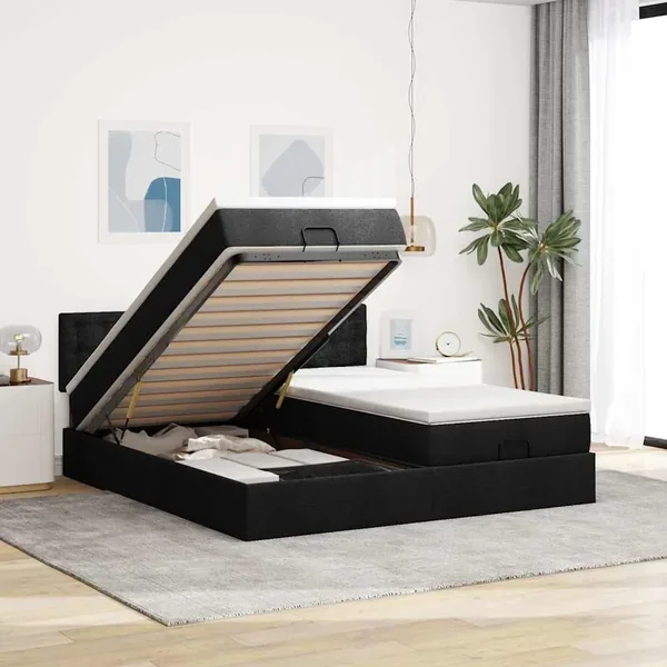 Cadre de lit ottoman avec matelas noir 200x200cm tissu
