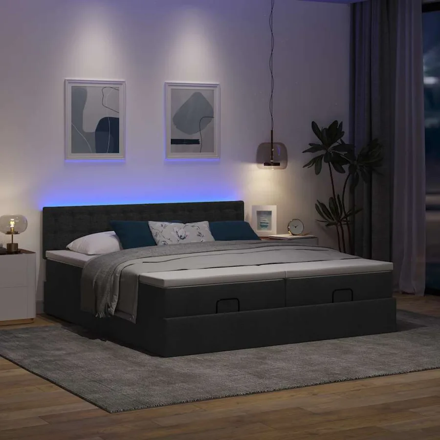 Cadre de lit ottoman avec matelas noir 200x200cm tissu - 3