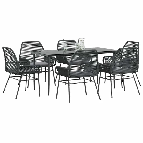 Ensemble à manger de jardin coussins 7pcs noir poly rotin verre