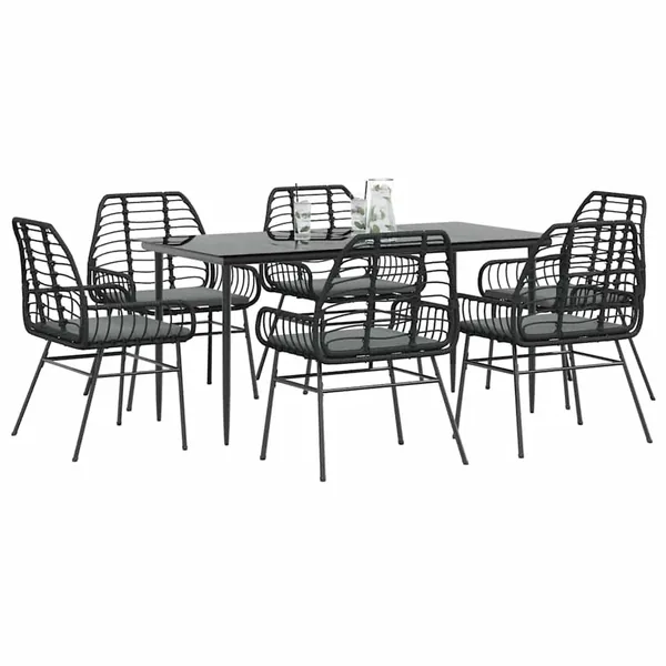 Ensemble à manger de jardin coussins 7pcs noir poly rotin verre