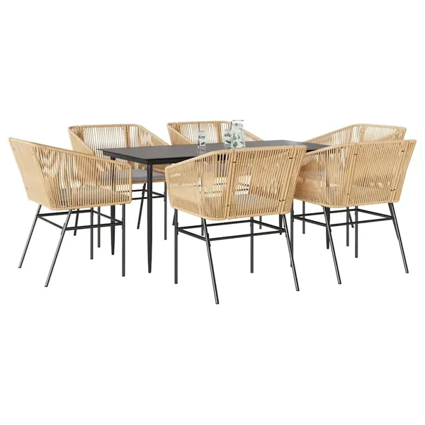 Ensemble à manger jardin coussins 7pcs marron poly rotin verre