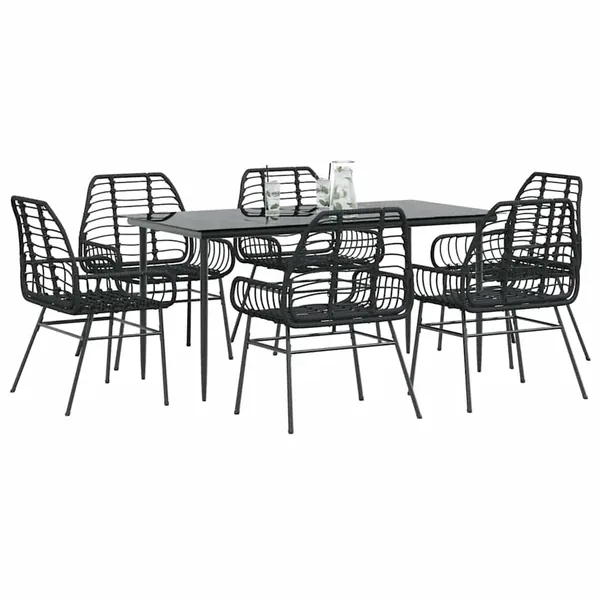 Ensemble à manger de jardin 7pcs noir poly rotin verre