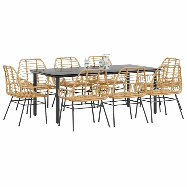 Ensemble à manger de jardin 9 pcs marron résine tressée verre