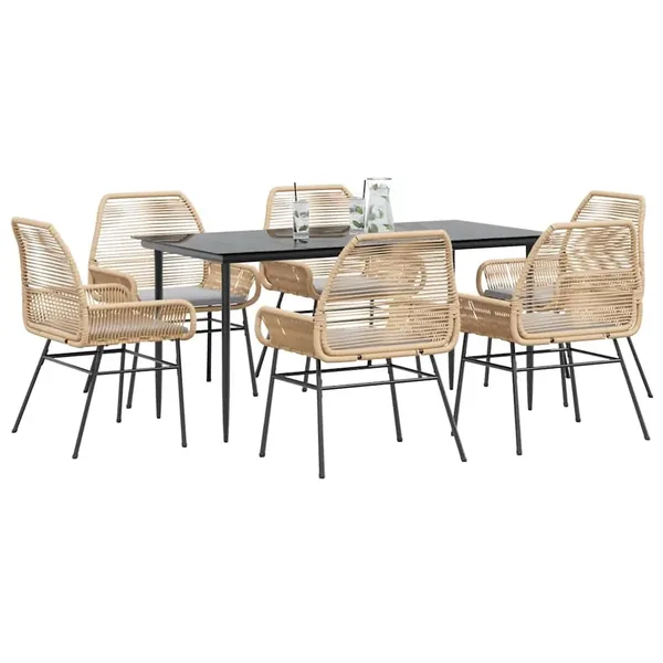 Ensemble à manger jardin coussins 7pcs marron poly rotin verre