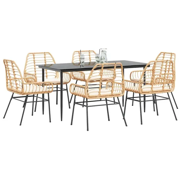 Ensemble à manger jardin coussins 7pcs marron poly rotin verre