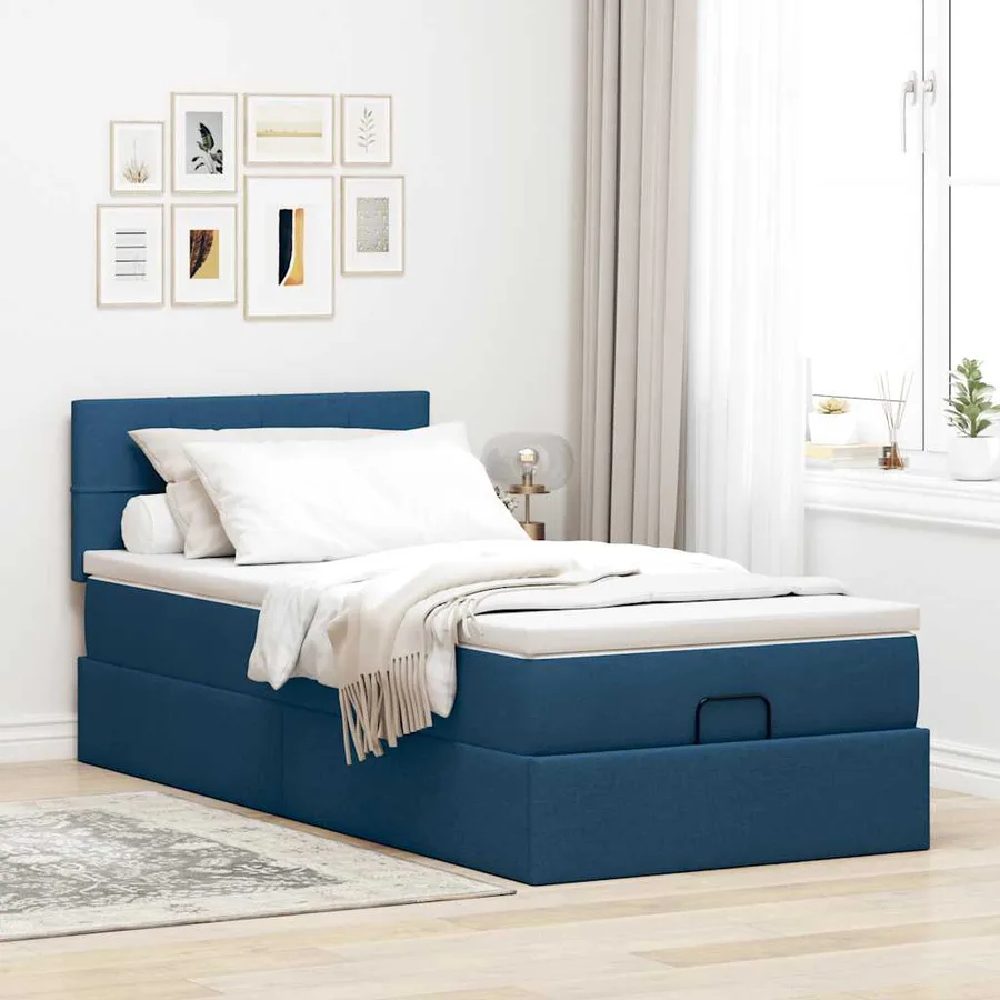 Lit ottoman avec matelas bleu 100x200 cm tissu - 3