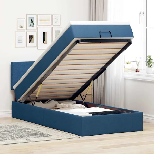 Lit ottoman avec matelas bleu 100x200 cm tissu